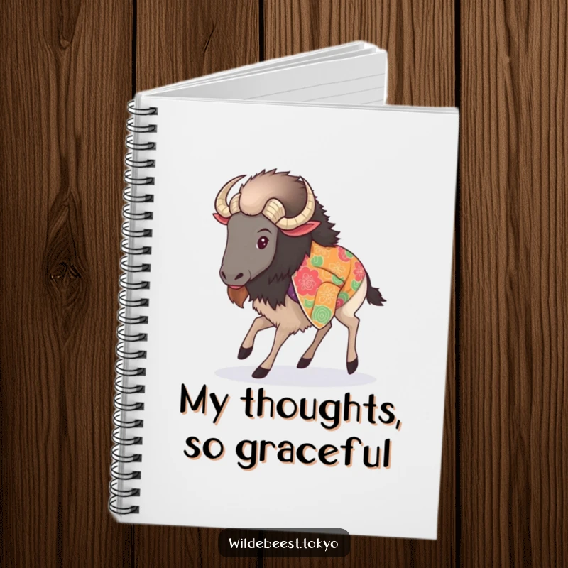 Funny notebook with a fluffy wildebeest in a vibrant kimono, taking a graceful step, symbolizing elegant note-taking.