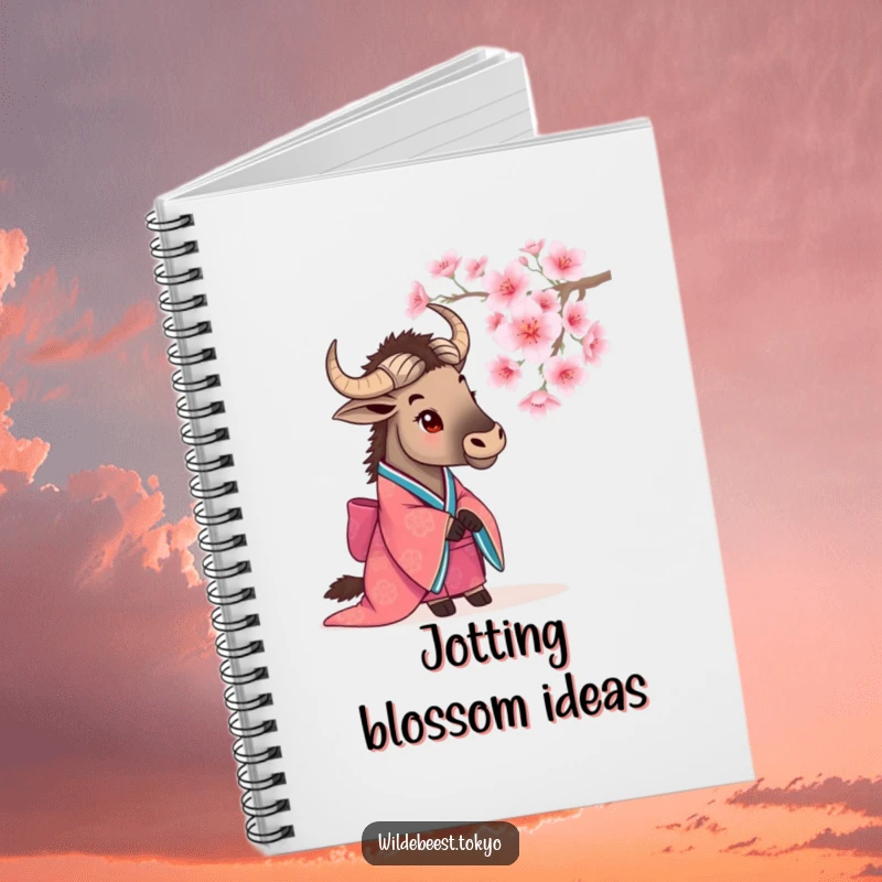 Funny wildebeest in a kimono, admiring a blooming cherry blossom, inspiring calm thoughts on this notebook.