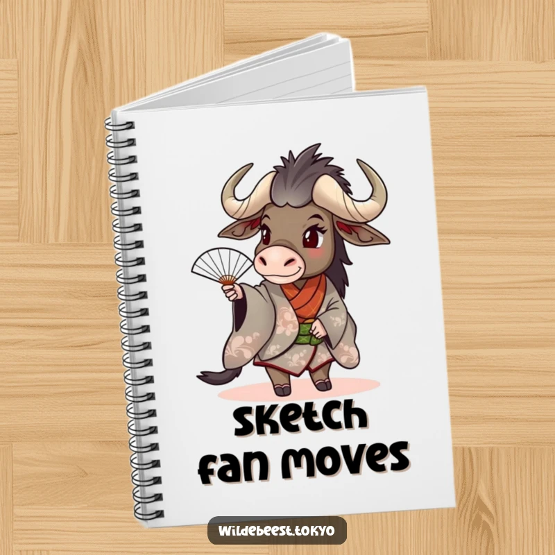 Funny wildebeest in a kimono, playfully spinning a fan, inspiring creative thoughts on this notebook.