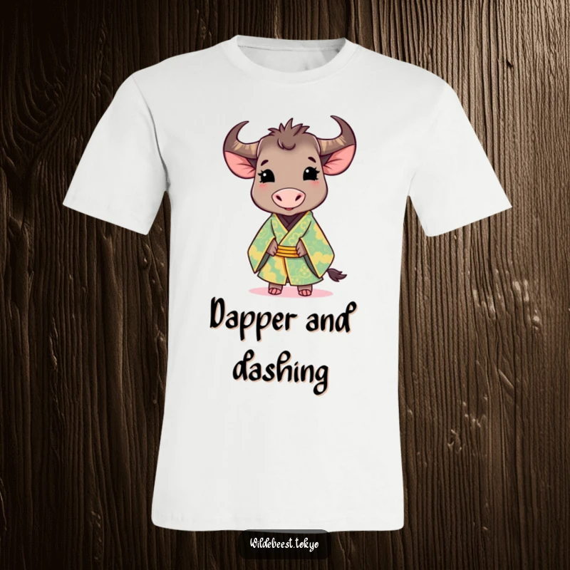 Funny t-shirt: cute wildebeest in an ornate, colorful kimono, smiling gracefully, exuding unique charm and style.