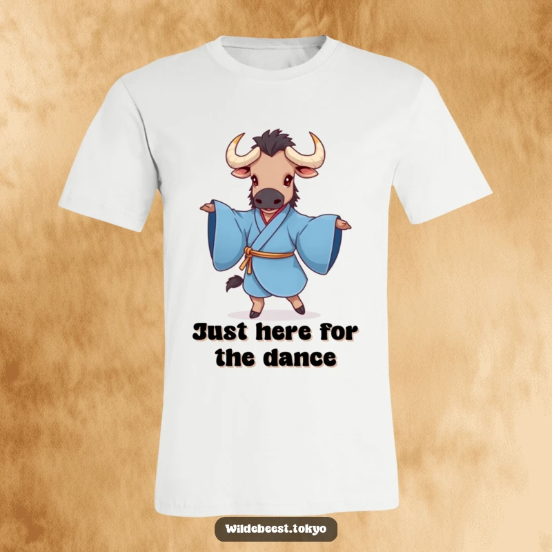 Funny t-shirt with a charming wildebeest in a blue kimono, elegantly twirling with sleeves outstretched, capturing a moment of pure, whimsical delight.