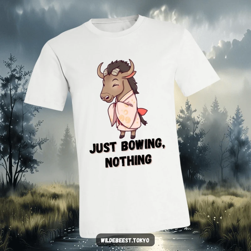 Funny wildebeest wearing a flowing kimono, performing a graceful, happy bow on this comfortable t-shirt.