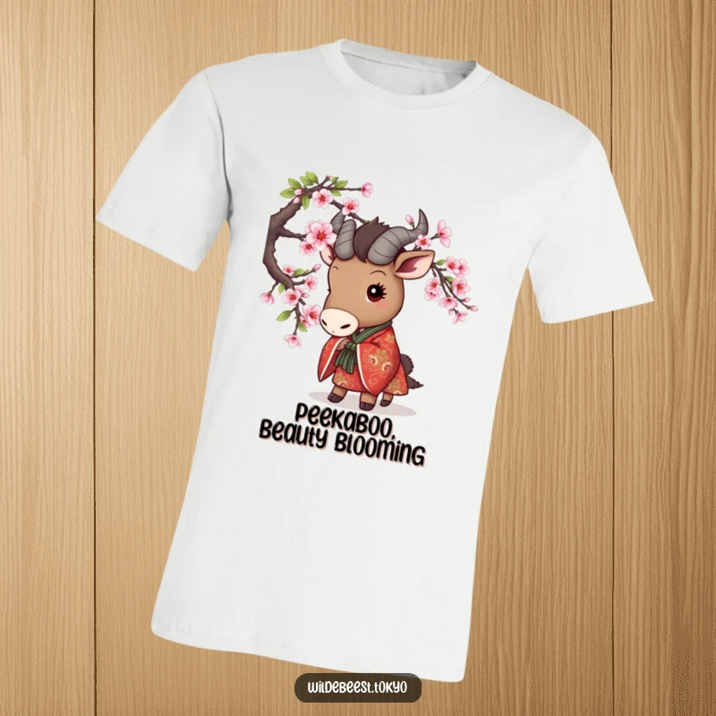 Funny t-shirt with a cute wildebeest in a richly embroidered kimono playfully peeking out from behind a blooming cherry blossom branch.