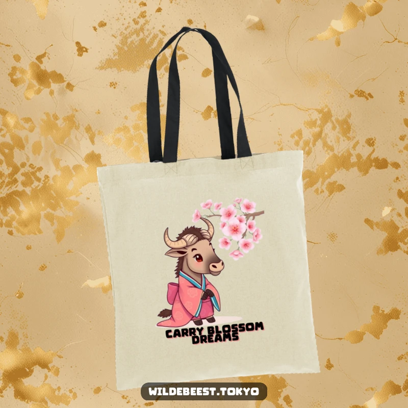 Funny wildebeest in a kimono, watching a blooming cherry blossom, a tranquil and humorous image on this tote bag.