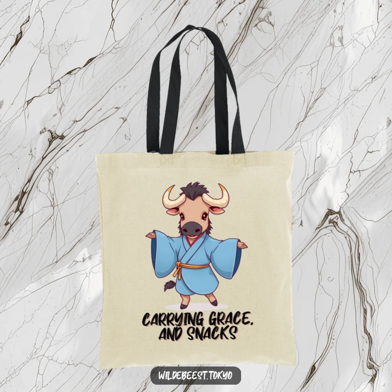Funny tote bag featuring a charming wildebeest in a blue kimono, mid-graceful twirl with sleeves elegantly extended, perfect for everyday use.