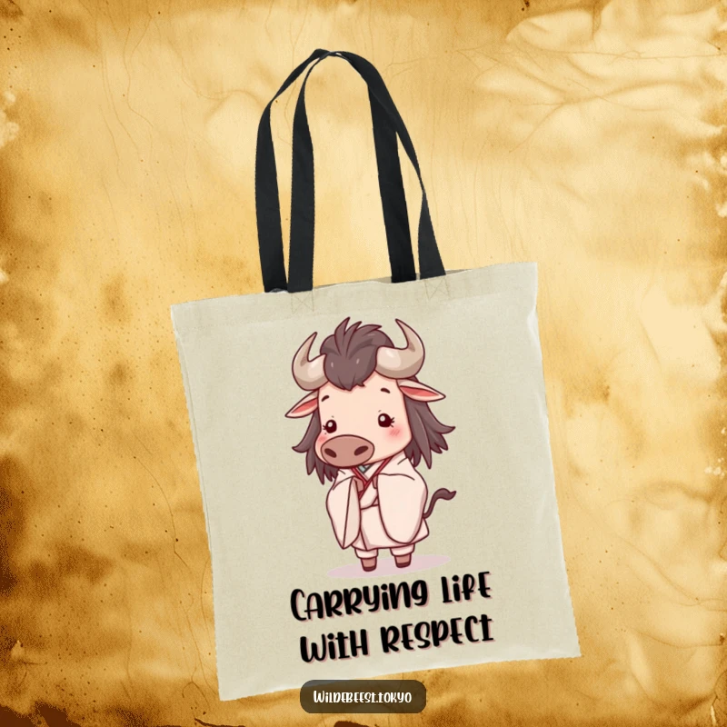 Funny tote bag depicting a happy wildebeest in a flowing kimono, bowing slightly with a serene expression, for elegant carrying.