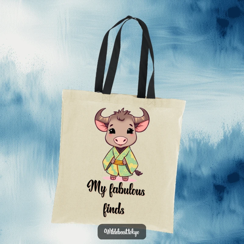Funny tote bag: cute wildebeest in a brightly colored, ornate kimono, smiling gracefully, adding a touch of elegance.