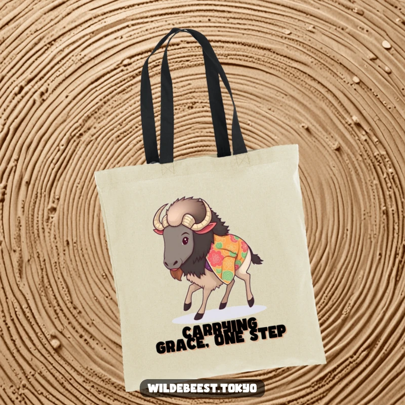 Funny tote bag featuring a fluffy wildebeest in a vibrant kimono, captured mid-graceful step, perfect for stylish carrying.