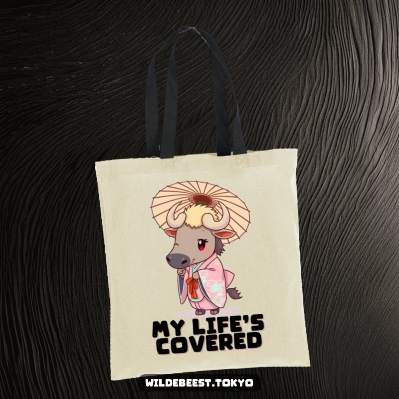 Funny wildebeest in an elegant kimono holding a decorative umbrella, perfect for carrying essentials on this tote bag.